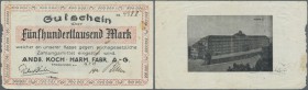 Trossingen, Ands. Koch, Harm. Fabr. A.-G., 500 Tsd. Mark, 1.8.1923 (Datum handschriftlich), Gutschein mit rs. Bils des Firmengebäudes, links Mäusefraß...