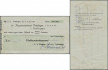 Tuttlingen, F. X. Sichler, Baustelle Tuttlingen, 500 Tsd. Mark, 14.8.1923, gedr. Scheck auf Handwerkerbank Tuttlingen, Erh. III