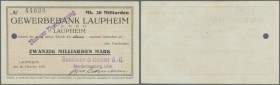 Ulm, Buchheim & Heister AG, 20 Mrd. Mark, 26.10.1923, Kundenscheck der Gewerbebank Laupheim, links Aktenlochung, ansonsten Erh. II
