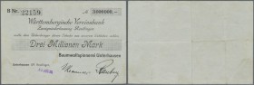 Unterhausen, Baumwollspinnerei Unterhausen, 3 Mio. Mark, 31.8.1923 (Datum gestempelt), Scheck auf Württembergische Vereinsbank Zweigstelle Reutlingen,...
