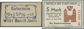 1945/47, 20 kommunale und private Notgeldscheine, dabei Egeln 1, 2 und 5 Mark, Gera Willi Busch 10 Pf. und Stuttgart kpl. Satz 1 - 20 RM, meist kassen...