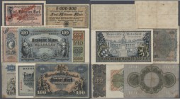 Lot mit 66 Länderbanknoten Bayern, Baden, Württemberg und Sachsen, dabei auch einige Reichsbahn. Durchweg gebraucht bis stark gebraucht. (66 Banknoten...