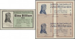 Lauffen, Stadt, 29 verschiedene Scheine von 5 Mio. bis 1 Billion Mark, alle 1.10.1923, dabei Serien A und B, KN-Varianten, mit 3 z. T. unfertigen Dopp...