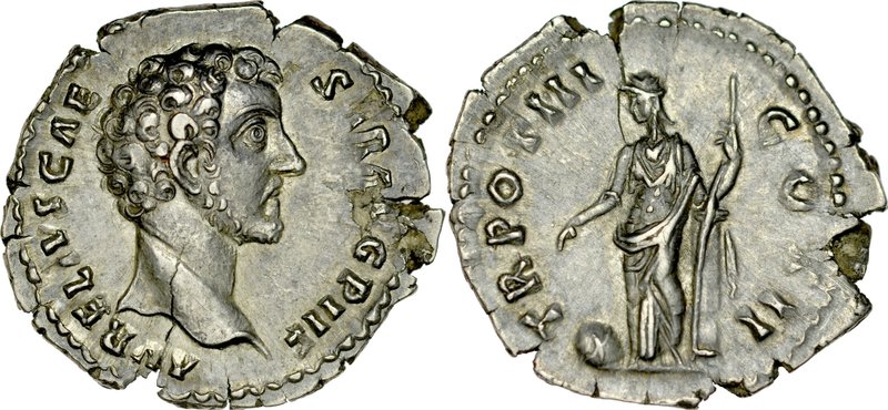 Denar, Marek Aureliusz 161-180.
 Av.: Popiersie cesarza w wieńcu laurowym, Rv.:...