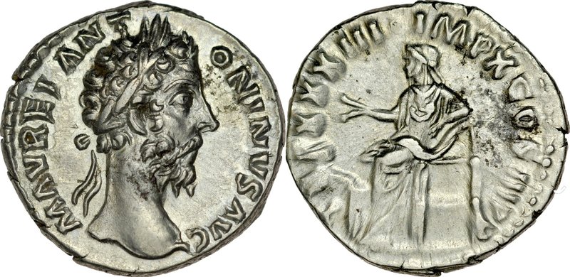 Denar, Marek Aureliusz 161-180.
 Av.: Popiersie cesarza w wieńcu laurowym, Rv.:...