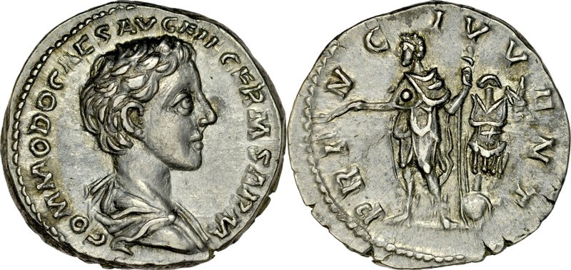 Denar, Commodus 177-192.
 Av.: Młodzieńcze popiersie cesarza, Rv.: Cesarz w ryn...
