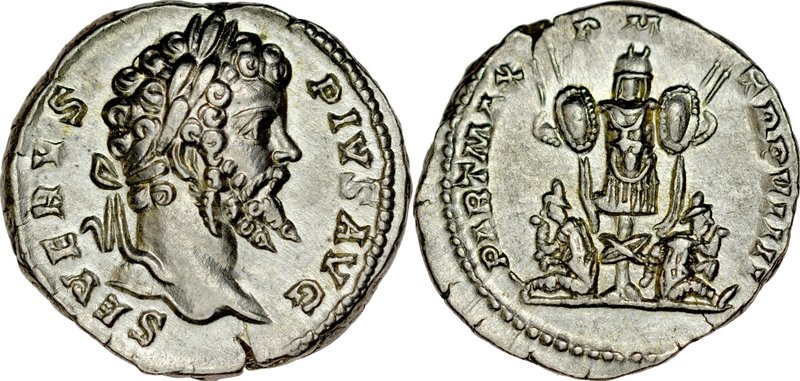 Denar, Septimius Sever 193-211.
 Av.: Popiersie cesarza w wieńcu laurowym, Rv.:...