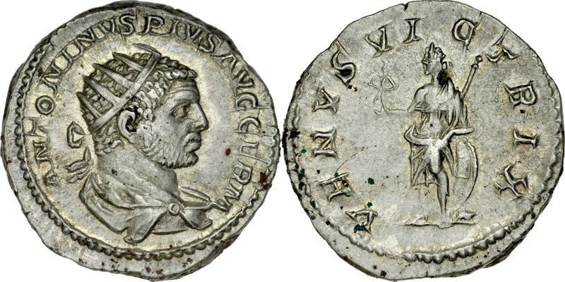 Antoninian, Caracalla 198-217.
 Av.: Popiersie cesarza w koronie radiata, Rv.: ...