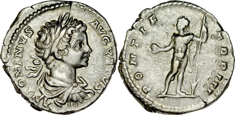 Denar, Caracalla 198-217.
 Av.: Popiersie cesarza w wieńcu laurowym, Rv.: Stoją...