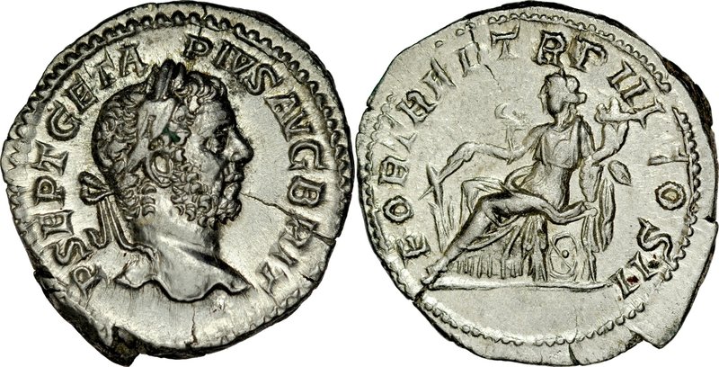 Denar, Geta 209-212.
 Av.: Popiersie cesarza w wieńcu laurowym, Rv.: Siedząca F...