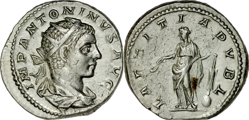 Antoninian, Elagabal 218-222.
 Av.: Popiersie cesarza w koronie radiata, Rv.: S...