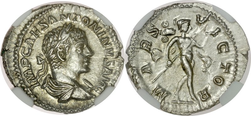 Denar, Elagabal 218-222.
 Av.: Popiersie cesarza w wieńcu laurowym, Rv.: Idący ...