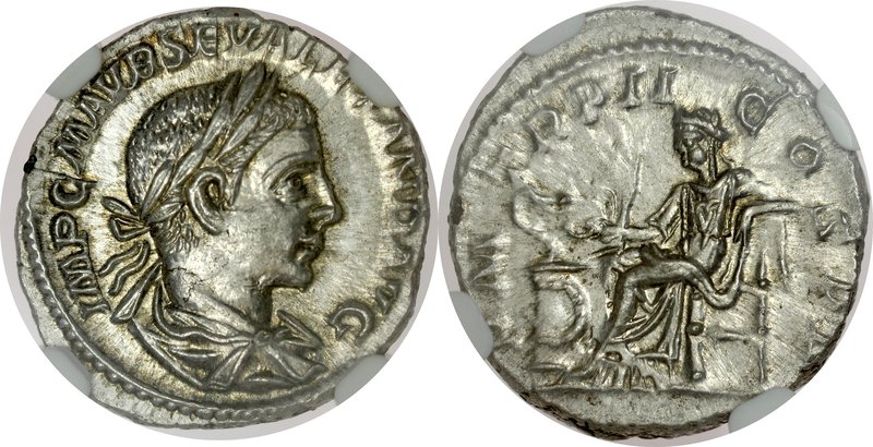 Denar, Alexander Sever 222-235.
 Av.: Popiersie cesarza w wieńcu laurowym, Rv.:...