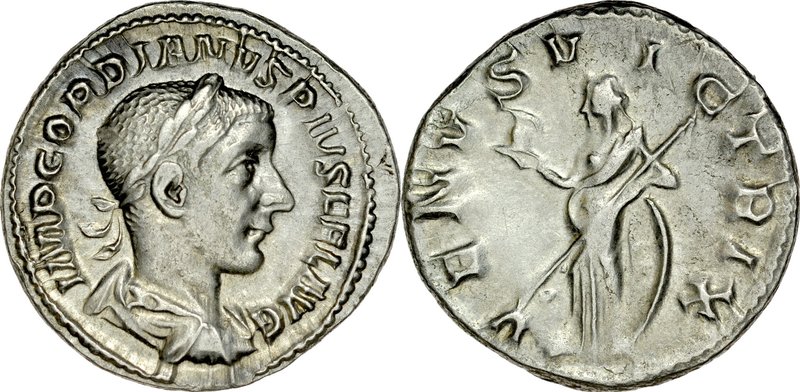 Denar, Gordian III 238-244.
 Av.: Popiersie cesarza w wieńcu laurowym, Rv.: Sto...