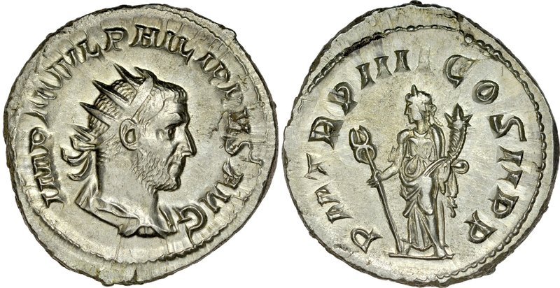 Antoninian, Filip I 244-249.
 Av.: Popiersie cesarza w koronie radiata, Rv.: St...