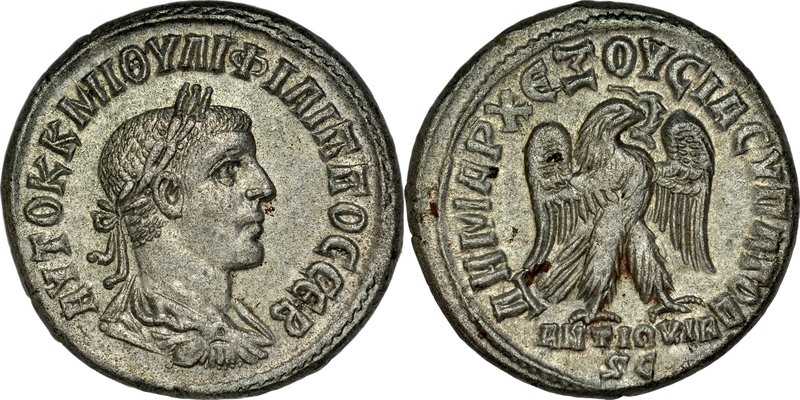 Tetradrachma, Antiochia, Filip II 247-249.
 Av.: Popiersie cesarza w wieńcu lau...