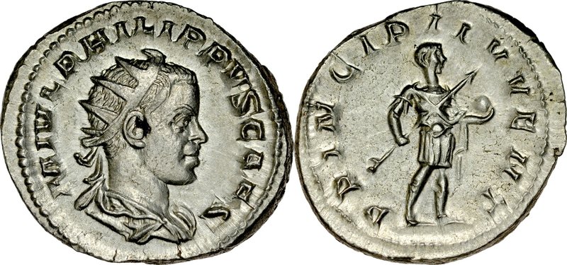 Antoninian, Filip II 247-249.
 Av.: Popiersie cesarza w koronie radiata, Rv.: S...