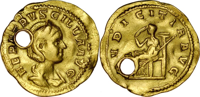 Aureus, Herennia Etruscilla.
 Av.: Popiersie cesarzowej, Rv.: Siedząca Pudiciti...