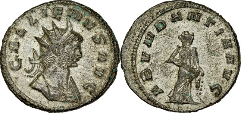 Antoninian, Gallienus 253-268.
 Av.: Popiersie cesarza w koronie radiata, Rv.: ...