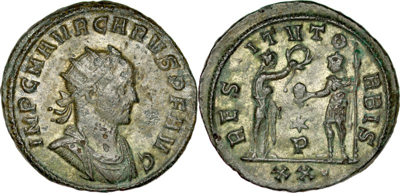 Antoninian, Carus 282-283.
 Siscia, 282-283 r., Av.: Popiersie cesarza w koroni...