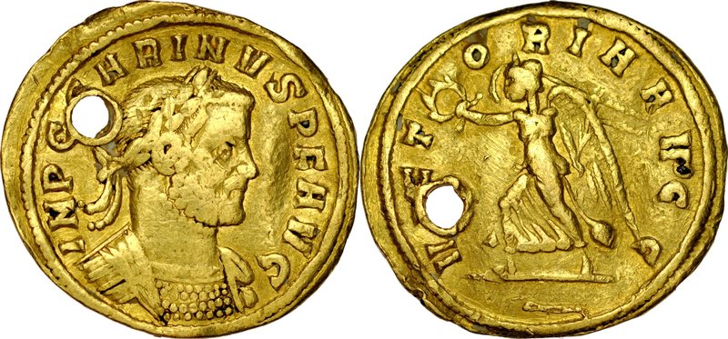Aureus, Carinus 283-285.
 Av.: Popiersie cesarza w wieńcu laurowym, Rv.: Idąca ...