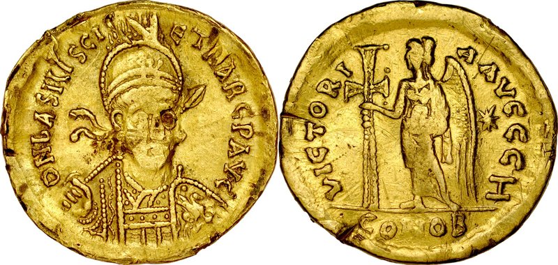 Solid, Konstantynopol, Basiliscus 475-476.
 Av.: Popiersie cesarza trzymającego...