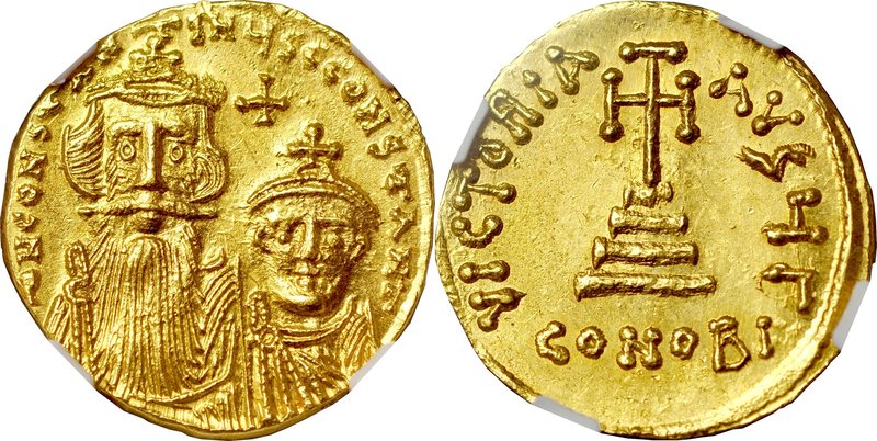 Solid, Konstantynopol, Konstans II 641-668.
 Av.: Popiersia Konstansa II oraz K...