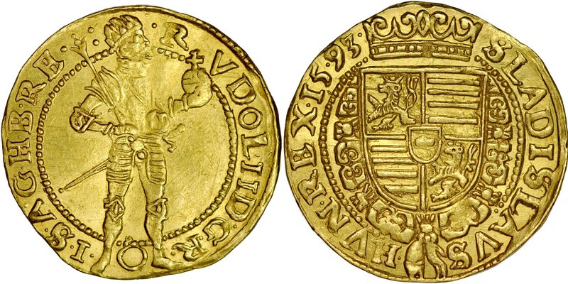 Austria, Rudolf II 1572-1612, Dukat 1593, Wiedeń.
 Fr. 87, złoto, waga 3,52 g, ...