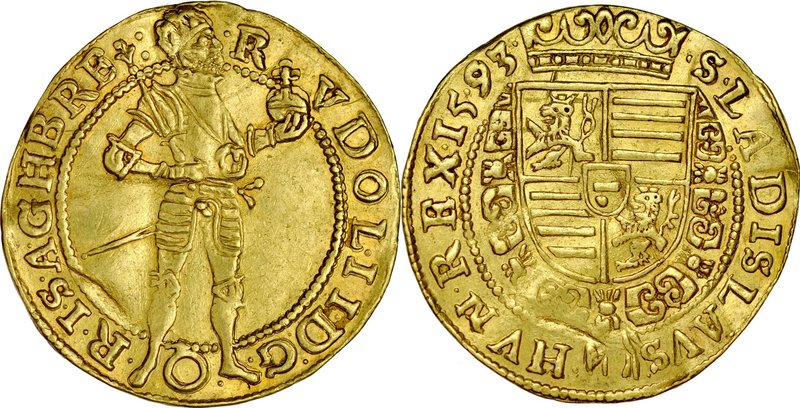 Austria, Rudolf II 1572-1612, Dukat 1593, Wiedeń.
 Fr. 87, złoto, waga 3,40 g, ...