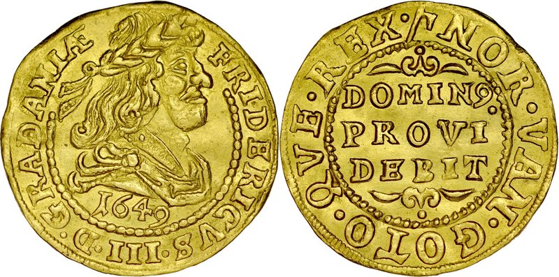 Dania, Fryderyk III 1648-1670, Dukat 1649, Kopenhaga.
 Hede 7, Sieg 109, złoto,...