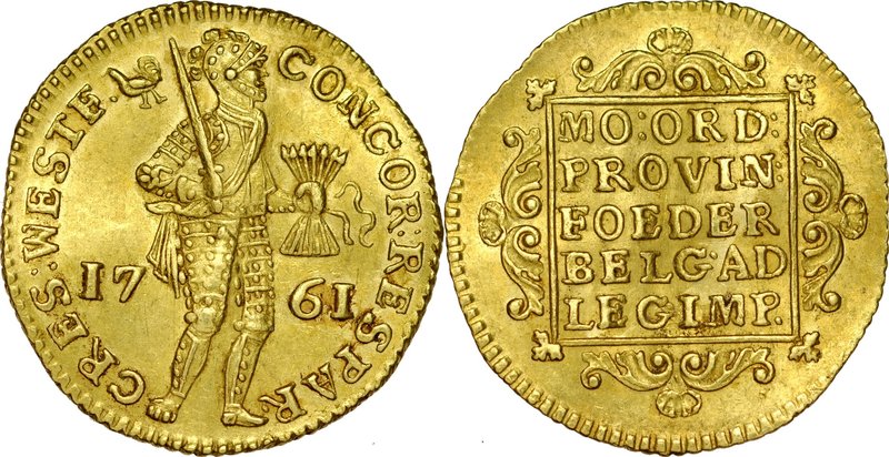 Niderlandy, Dukat 1761, West Frisia.
 Delm. 838 R2, złoto, waga 3,47 g, ładny, ...