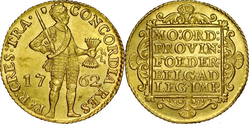 Niderlandy, Dukat 1762, Utrecht.
 Delm. 965, złoto, waga 3,49 g, lustro mennicz...