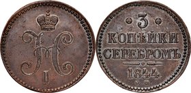 Rosja, Mikołaj I 1825-1855, 3 kopiejki 1844 EM, Ekaterinburg.