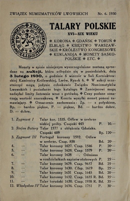 Katalog aukcyjny Związku Numizmatyków Lwowskich, talary polskie, Lwów 1930.
 Mi...