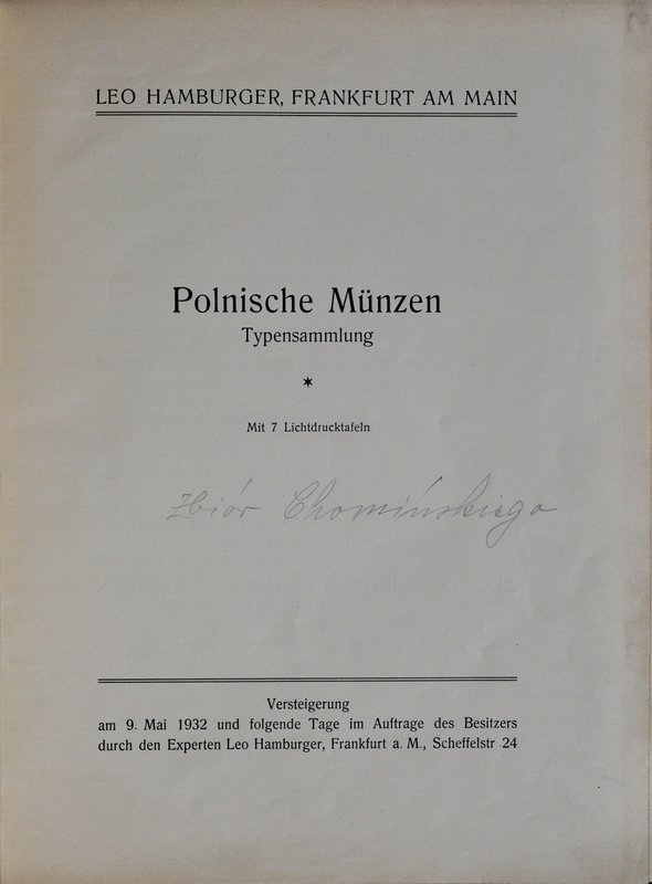 Chomiński, Katalog aukcyjny zbioru polskich monet należących do Chomińskiego, Fr...