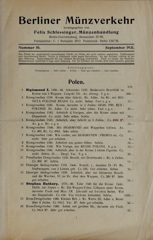 Oferta sprzedaży monet polskich Felixa Schlessingera, Berlin 1931.
 Dobrze zach...