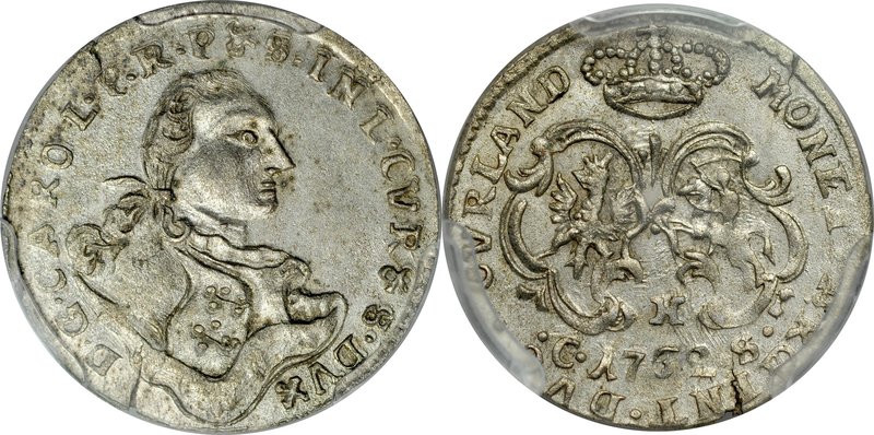 Kurlandia, Karol Chrystian 1758-1763, Grosz 1762, Mitawa.
 Kop. 4081 R3, Gerb -...