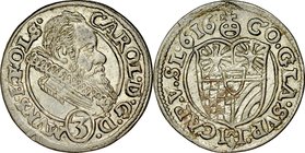 Śląsk, Księstwo Ziębicko-Oleśnickie, Karol II 1587-1617, 3 krajcary 1616, Oleśnica.