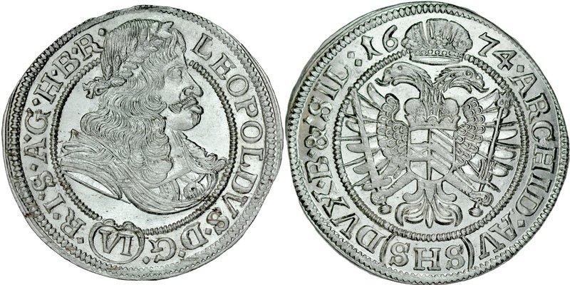 Śląsk, Leopold I 1657-1705, VI krajcarów 1674, Wrocław.
 FuS 486, Herinek 1204,...