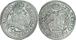 Śląsk, Leopold I 1657-1705, 3 krajcary 1667, Wrocław.