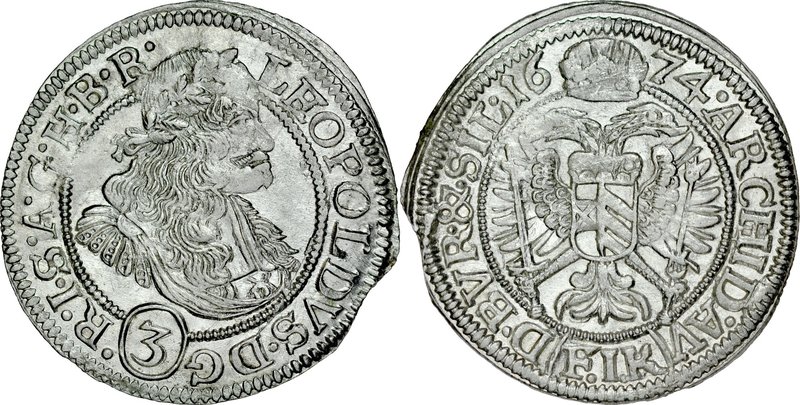 Śląsk, Leopold I 1657-1705, 3 krajcary 1674, Opole.
 FuS 646, Herinek 1553, rza...