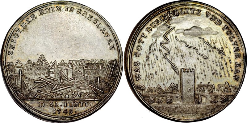 Medal wybity na pamiątkę wybuchu prochowni we Wrocławiu 1749 r.
 Av.: Piorun ud...