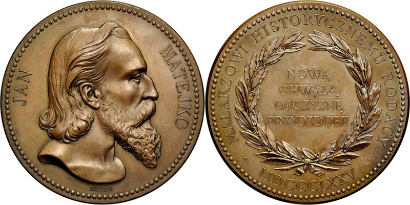 Medal 1875, autorstwa Barre’a, upamiętniający działalność Jana Matejki.
 Av: Po...