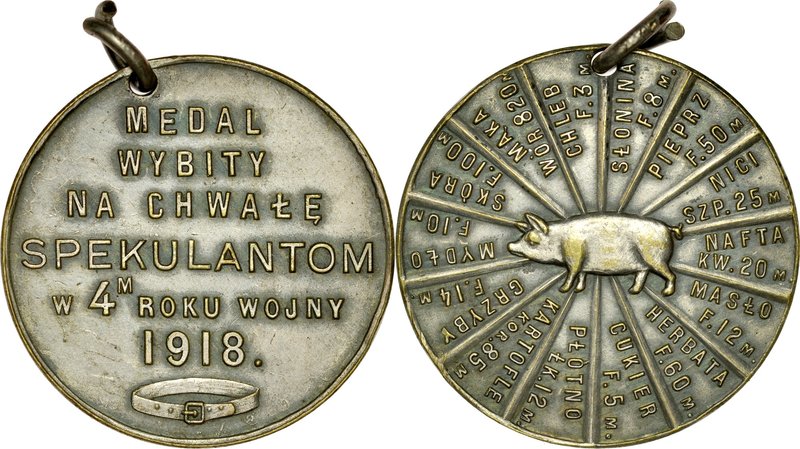 Medal wojenny z 1918 roku, Na chwałę spekulantom.
 Av.: Napis w 6 wersach: MEDA...