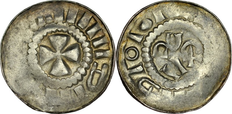 Denar krzyżowy XI w., Av.: Krzyż kawalerski, Rv.: Alfa, Omega.
 CNP 494, waga 1...