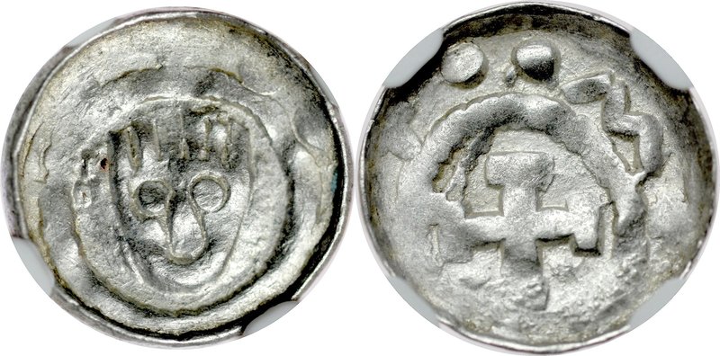 Denar krzyżowy XI w., Wrocław, Av.: Głowa św. Jana, Rv.: Krzyż krokwiasty.
 CNP...