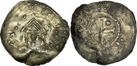 Denar, nieokreślona imitacja denara typu ratyzbońskiego, Av.: Kapliczka, imitacja napisu, Rv.: Krzyż, imitacja napisu.