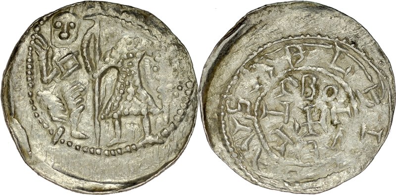 Bolesław III Krzywousty 1107-1138, Denar, Av.: Książę i Św. Wojciech, Rv.: Mały ...