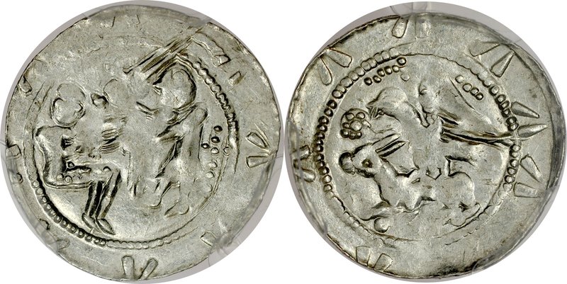 Władysław II Wygnaniec 1138-1146, Denar, Av.: Książę i jeniec, Rv.: Orzeł i zają...