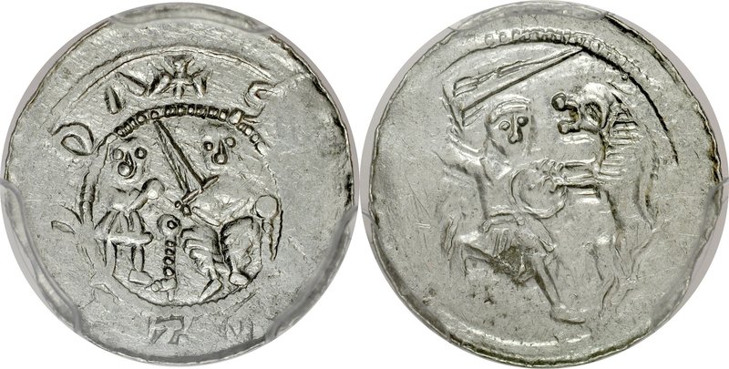 Władysław II Wygnaniec 1138-1146, Denar, Av.: Książę z poddanym, Rv.: Walka z lw...